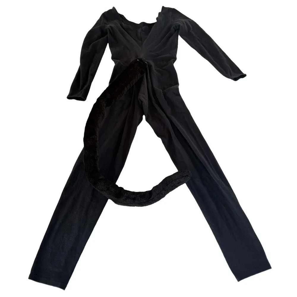 Black Cat Costume SZ M Unitard Jumpsuit Long Faux Fur Tail Halloween Cosplay